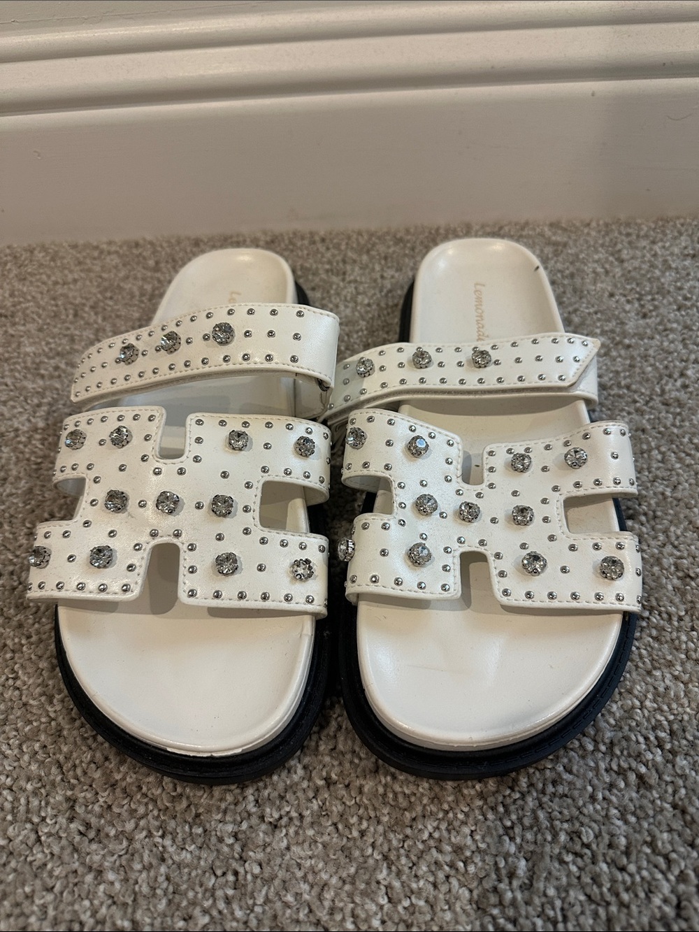 Lemonade White Jeweled Slide Sandals